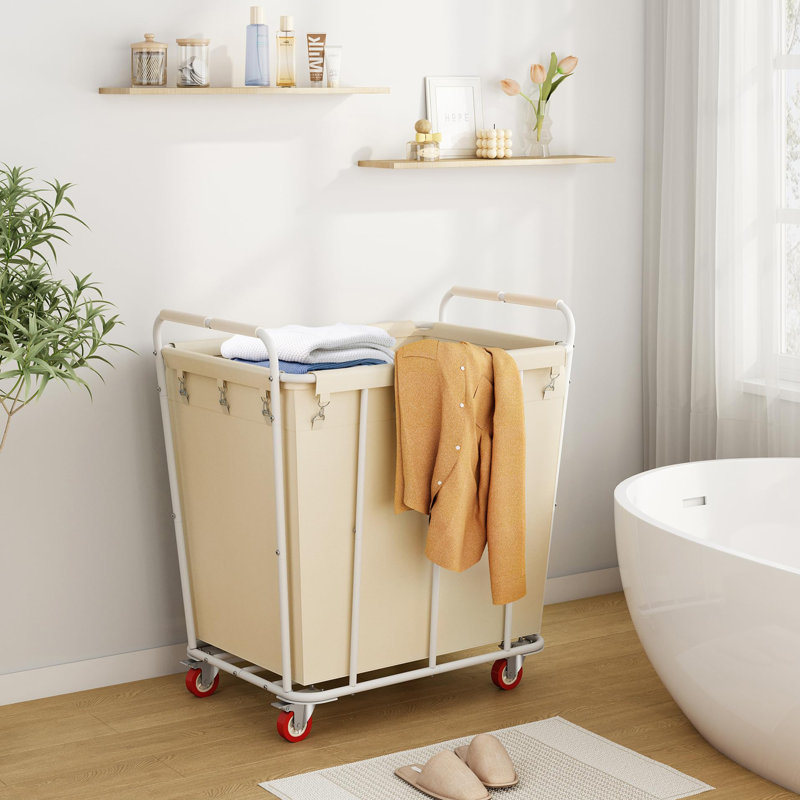 Large Rolling Laundry Hamper with Wheels, Beige
