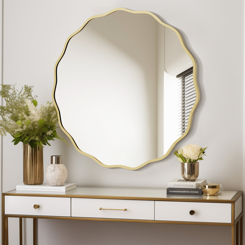 Elegant Gold Aluminum Round Wave Mirror, 32-inch