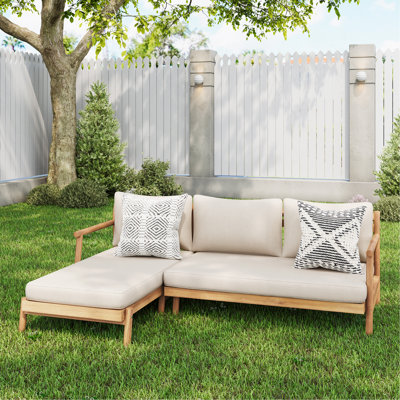 Acacia Wood Sofa-and-Chaise Sectional L-Shape, Loveseat + Lounge With Water-Resistant Cushion, Teak + Beige