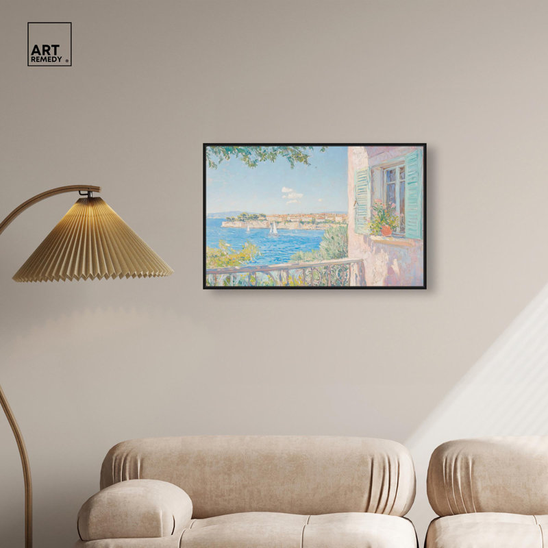 Toile vue méditerranée par Art Remedy, Noir, H 21 po x l 31 po, Cadre flottant