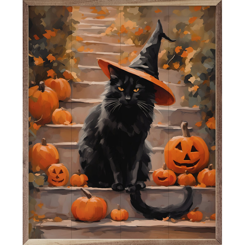 «Chat d'Halloween avec chapeau» sur bois, H 10 po x l 8 po