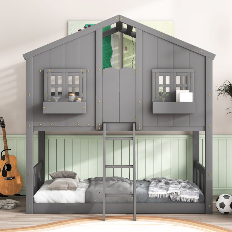 Twin over Twin House Bunk Bed with Roof , Window, Window Box, Door , with Safety Guardrails and Ladder, Gray