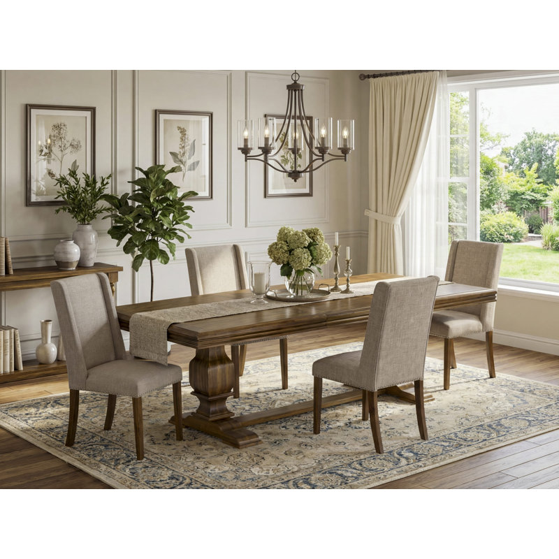 Cet ensemble de salle à manger 5 pièces comprend une table en bois et 4 chaises modernes en tissu de lin brun clair avec dossier rembourré - finition noyer antique.