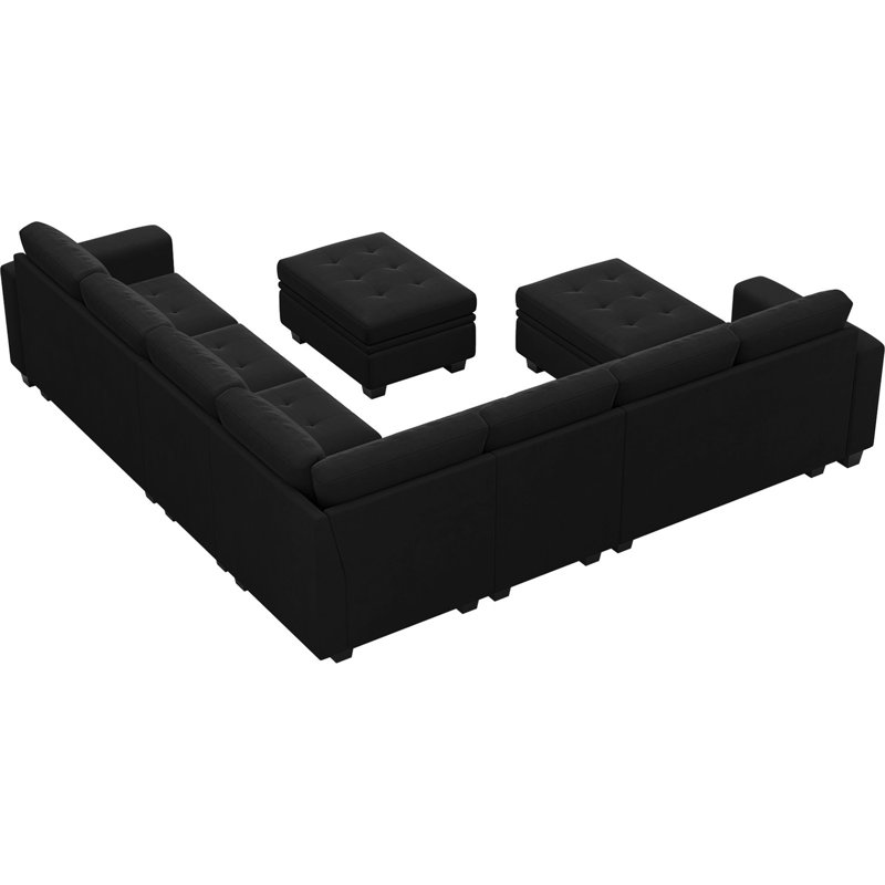 Canapé modulaire en velours de salon avec 2 repose-pieds avec rangement Shavera, Velours noir