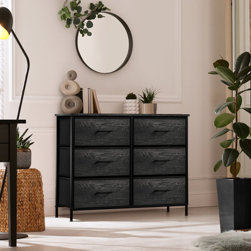 Sorbus 6 Drawers Dresser with Steel Frame, Wood Top, Fabric Bins in Rustic, Black