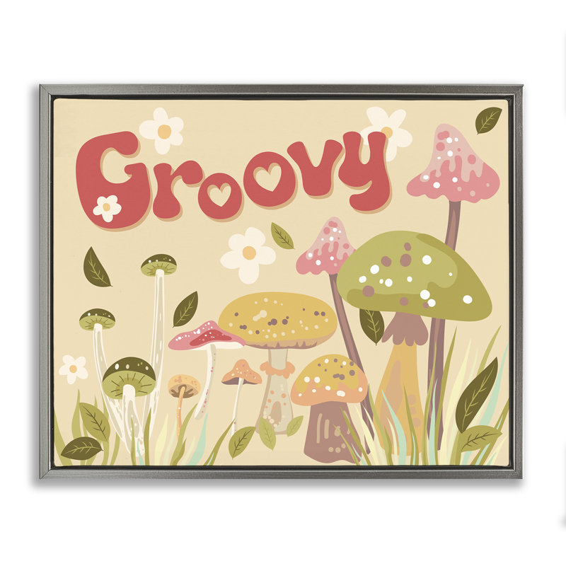 "Groovy Botanical Mushroom", art mural encadré par Diane Labombarbe, Cadre flottant gris lustré, H 25 po x l 31 po