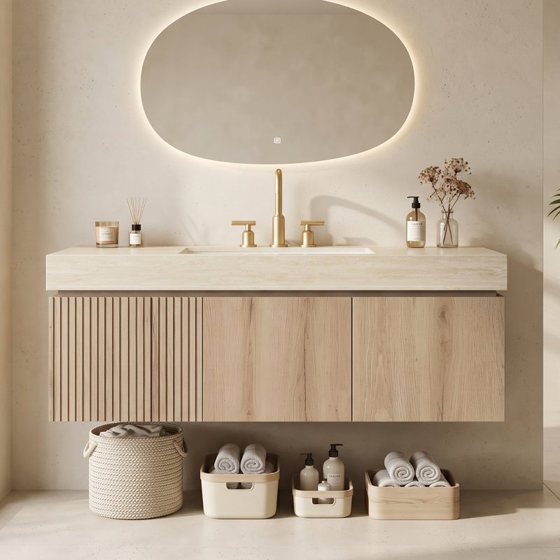 Wall Mounted Single Vanity Bathroom Vanity With Solid Surface Top, White Oak