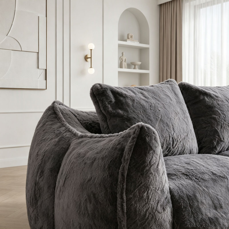 Canapé surdimensionné pour fauteuil à billes avec mousse à haute densité, sans assemblage, gris, Fausse fourrure grise