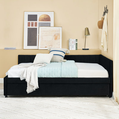 Lit tapissier double en velours noir avec lit gigogne, dossier confortable et rayures verticales, convient au salon de bureau, assemblage facile, lit de jour à structure en eucalyptus