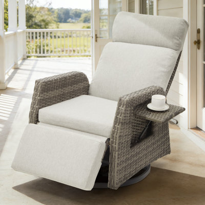 Adjustable Outdoor Swivel Recliner Chair, 155° Lay Flat Patio Wicker Recliner With Independent Backrest & Footrest, Gas Lift Flip-Up Side Table, Thick 25D Foam Cushions (Washable Covers) For Balcony/Garden/Patio