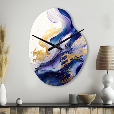 Blue and Gold Splash Paint IV - Abstract Spirals, horloge murale asymétrique, impression unique