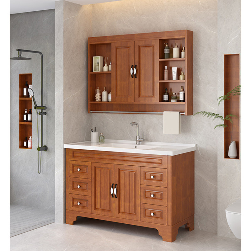 Meuble-lavabo en chêne de style américain avec lavabo en céramique intégré