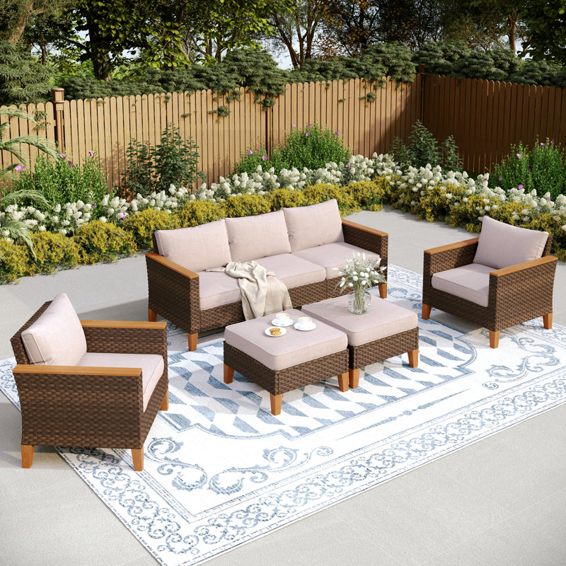 All Weather Wicker/Rattan 7 - Person Seating Group with Cushions, No, Beige