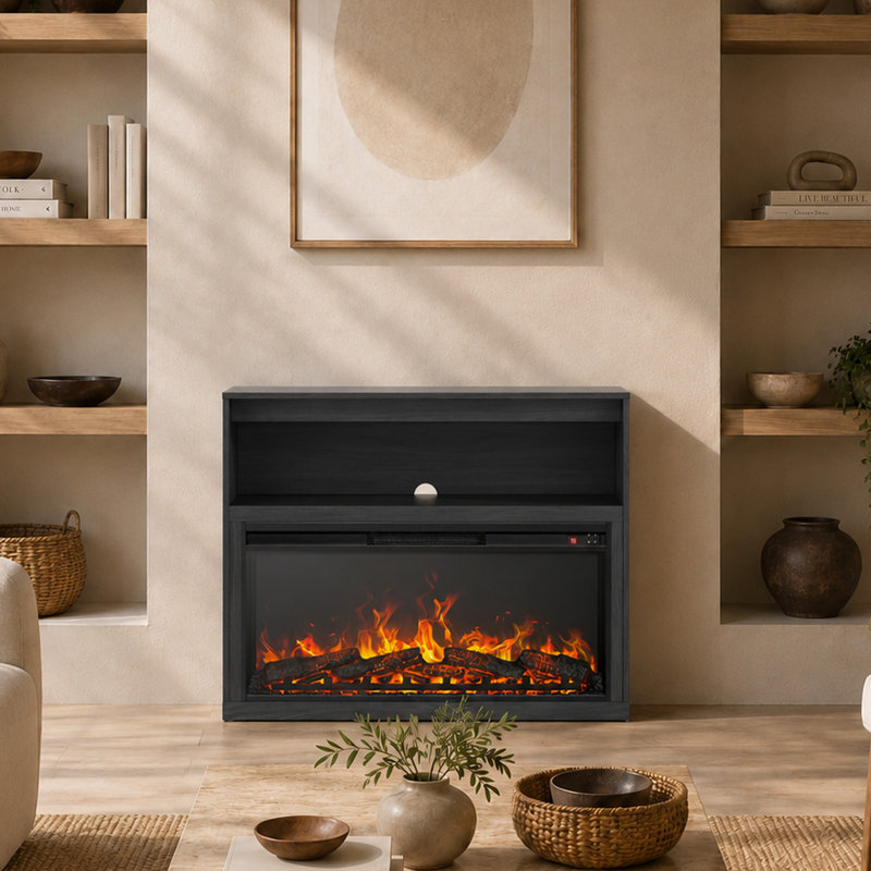 Meuble télé cannelé Westmont 165 po avec foyer de 36 po, ébène, Ébène