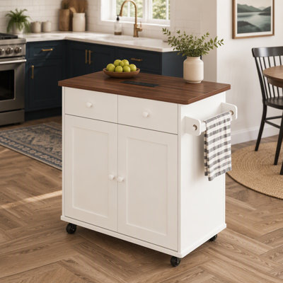 52" Fluted Kitchen Island with Drop Leaf, Power Outlet, Kitchen Storage Cart with Adjustable Shelves, 2 Doors and 2 Drawers, Rolling Island Table with Walnut Color Top for Kitchen, White