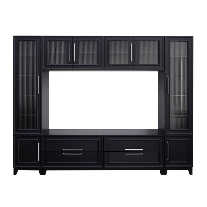 VIBE HAUS 102" W Wall Unit Modern Entertainment Center With Glass Doors For Tvs Up To 75", Black