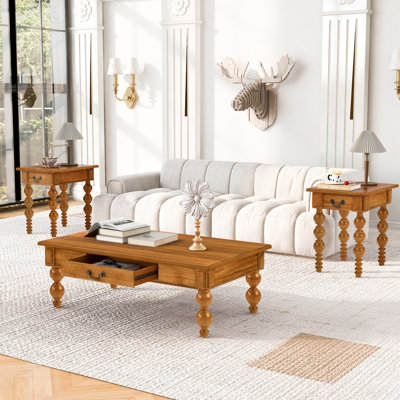 Ensemble de 3 tables basses en bois massif avec tiroir