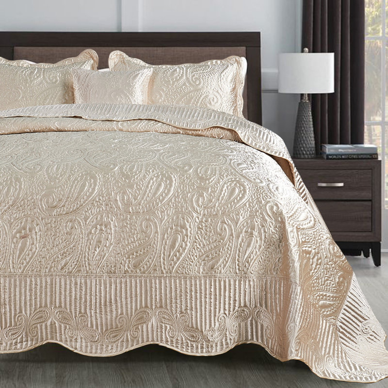 4 Piece Quilted Satin Bedspread Set, Champagne, King Quilt + 2 King Shams + Throw Pillow