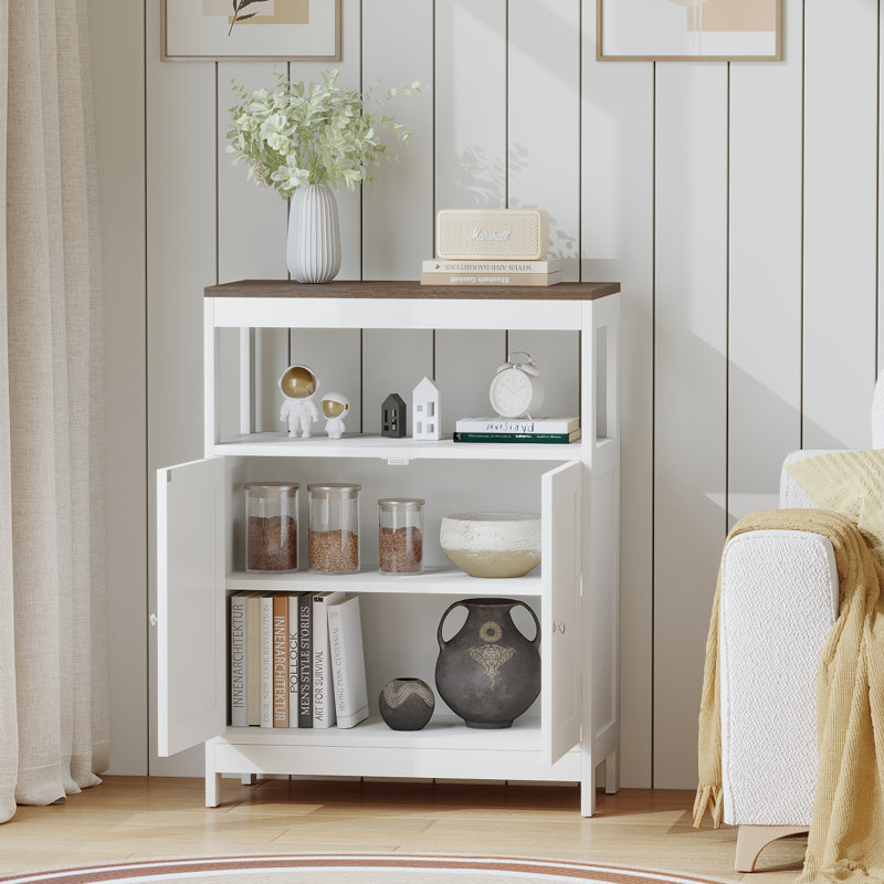 Modern Storage Cabinet With Double Doors, Freestanding Wood Cabinet With Open Shelf And Natural Wood Top, Multi-Purpose Organizer For Kitchen, Living Room, Bathroom Or Entryway – White