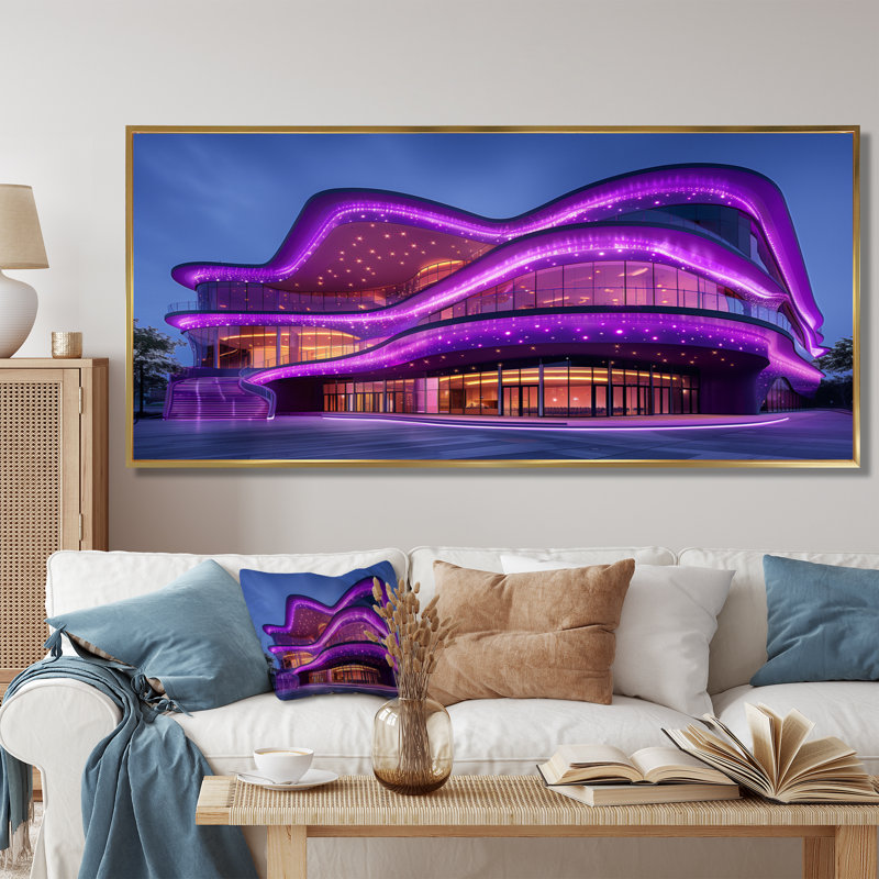 Lumières de néon mauves et bleues - art mural de salles de concert, Cadre flottant doré, H 28 po x l 60 po