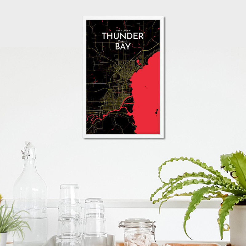 Thunder Bay City Map, impression, H 17 po x l 11 po, Noir / rouge / jaune