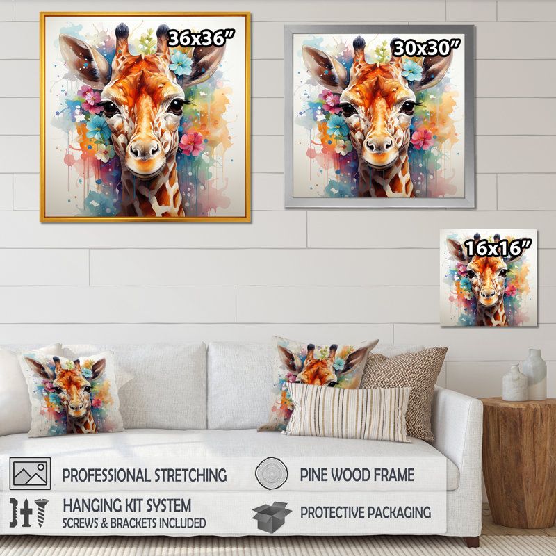 Colourful Floral Giraffe Portrait - Giraffe Animal Wall Art, Brown Floater Framed, 30" H x 30" W x 1.5" D