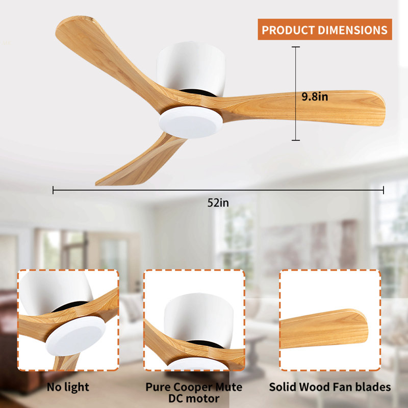 Ventilateur de plafond de 52 pouces sans lumière avec télécommande, ventilateur de plafond encastré à profil bas sans lumière, moteur à courant continu réversible silencieux avec minuterie