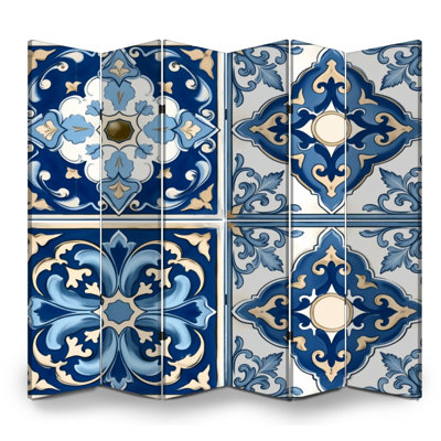 Paravent mexicain à 6 panneaux à carreaux en céramique beige et bleu à motif géométrique vintage