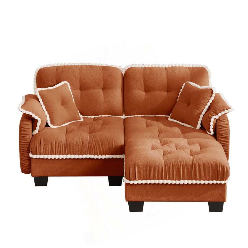 Canapé en L Chenille Cloud avec garniture pompon et repose-pieds mobile, Orange Chenille