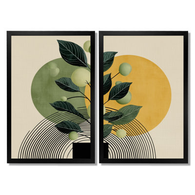 Green And Black Bohemian Minimalist Geometric Plant - Botanicals Wall Art Decor, Green Botanical Canvas Print 2 Piece