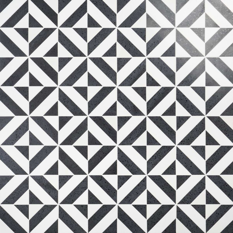 Cleopatra 12x12 Diagonal Polished Encaustic Look Marble Mosaic Tile, Diagonal Pepper Black