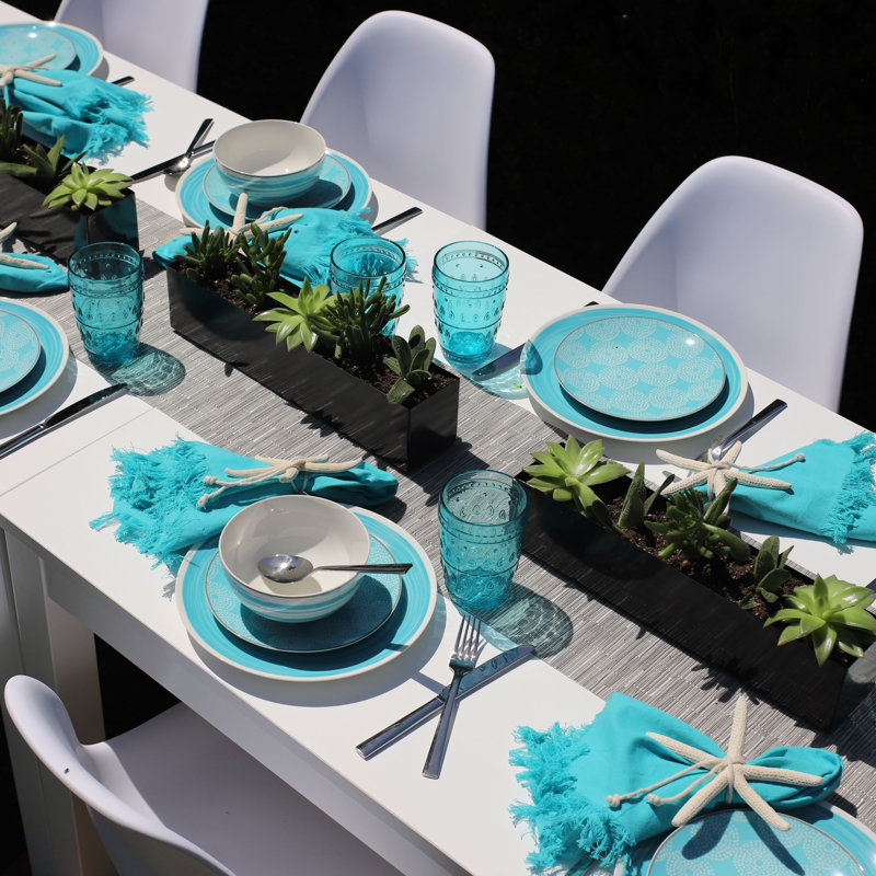 Turquoise and White Ceramic Outdoor Dinnerware Set, Service for 4