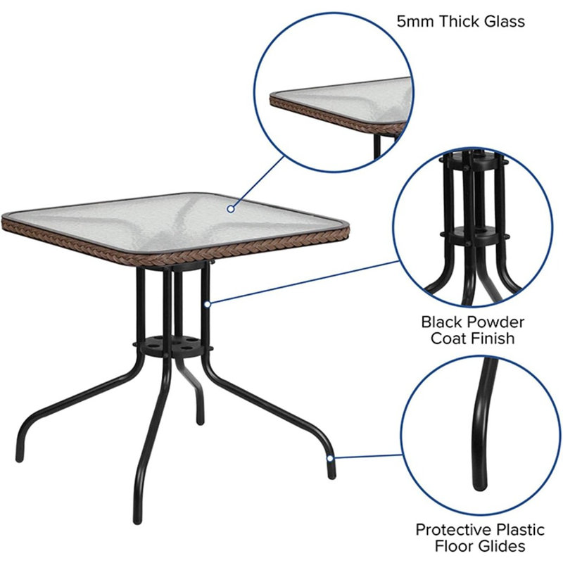  Barker 28'' Square Tempered Glass Metal Table With Dark Brown Rattan Edging