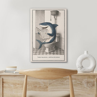 Requin lisant un journal sur une toile, art mural comique, impression audacieuse pour salle de bain avec humour océanique