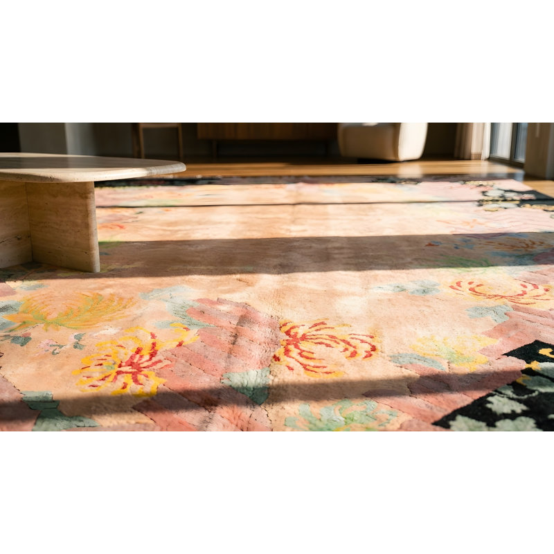 Tapis corail chinois - art déco en laine antique noué des années 1920