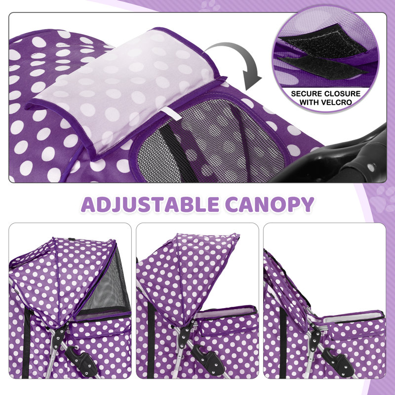 Purple Polka Dot Foldable Pet Stroller with Storage