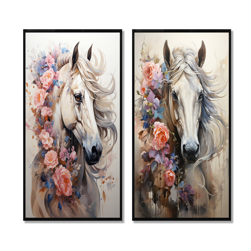 Graffiti Urban Trot Majestic Horse - ensemble de 2 décorations murales de chevaux, Cadre noir, H 32 po x l 33 po