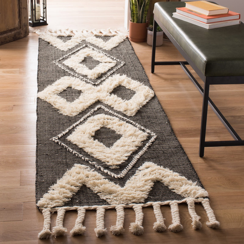 Alimatou Hand Knotted Wool/Cotton Geometric Rug in Ivory/Black, Runner 2'3" x 8'