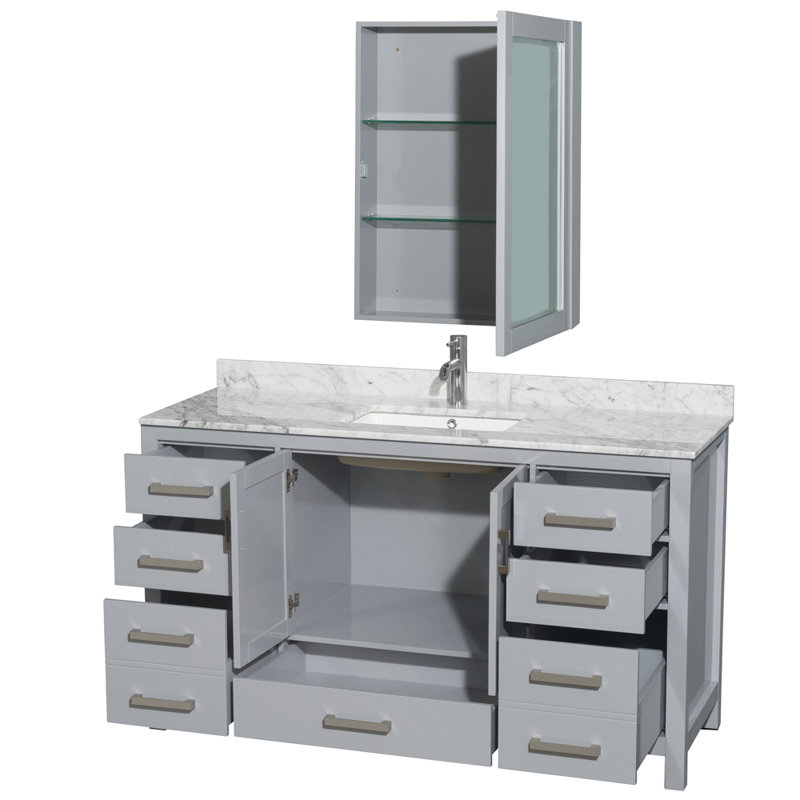 Sheffield 60" Freestanding Single Bathroom Vanity with Marble Top with Medicine Cabinet, Brushed Chrome, Gray
