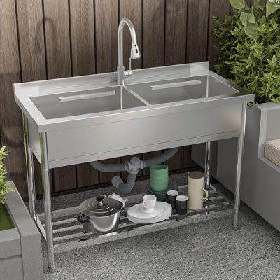 47" Commercial Stainless Steel Freestanding Double Bowl Utility Sink with Faucet, Drain Assembly, Storage Shelf and Workstation Accessories for Laundry Room, Garage, Kitchen and Outdoor Use