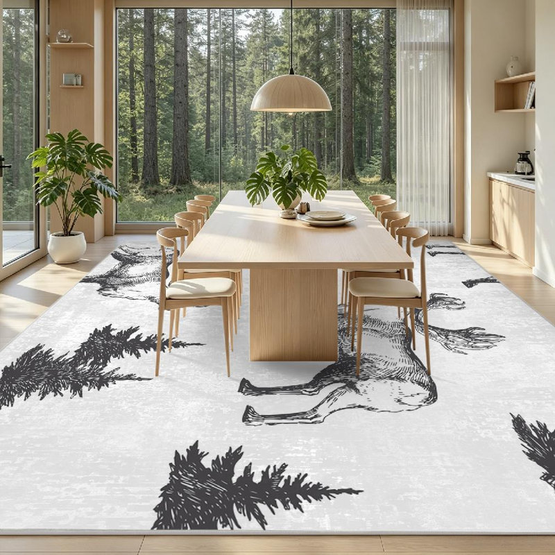 Tapis d'intérieur blanc lavable à la machine, sans couture, avec motif forêt d'hiver, Rectangle 71" x 98"