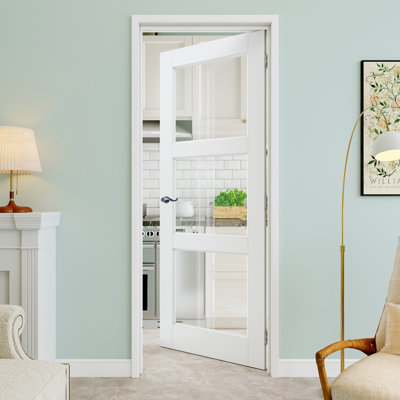 Porte pré-suspendue en verre transparent 28 po x 80 po à 3 lumières avec levier incurvé et charnières argentées, dalle de porte en verre transparent, peint et imperméable, combinaison pour la lessive, portes de placard, portes de pièce, droite