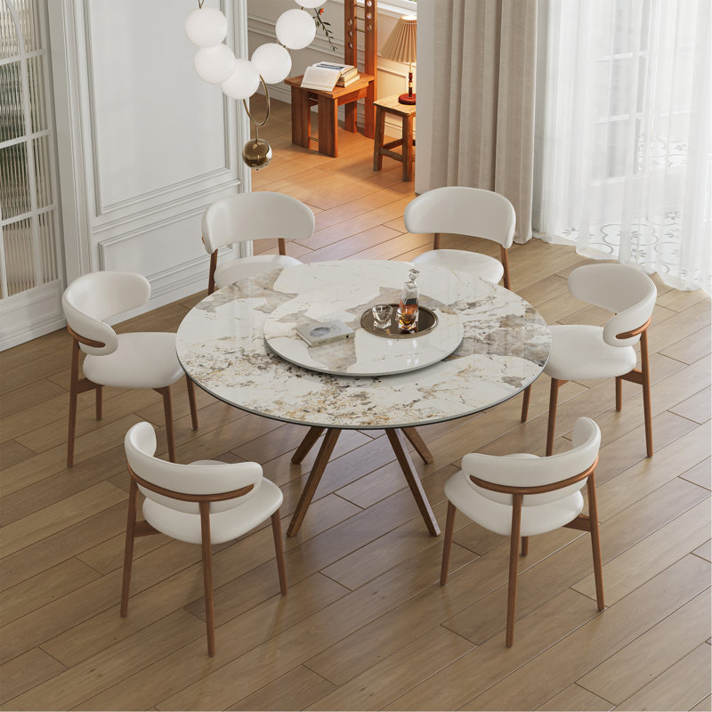Table de salle à manger moderne en pierre frittée de 59 pouces, équipée d'une table tournante ronde de 35 pouces, pouvant accueillir de 6 à 8 personnes, table ronde avec base en bois de couleur noyer