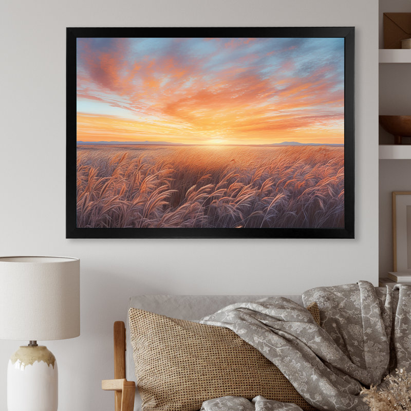 " Tranquil Prairies At Sunrise ", Black Single Picture Framed, 16" H x 32" W x 1" D