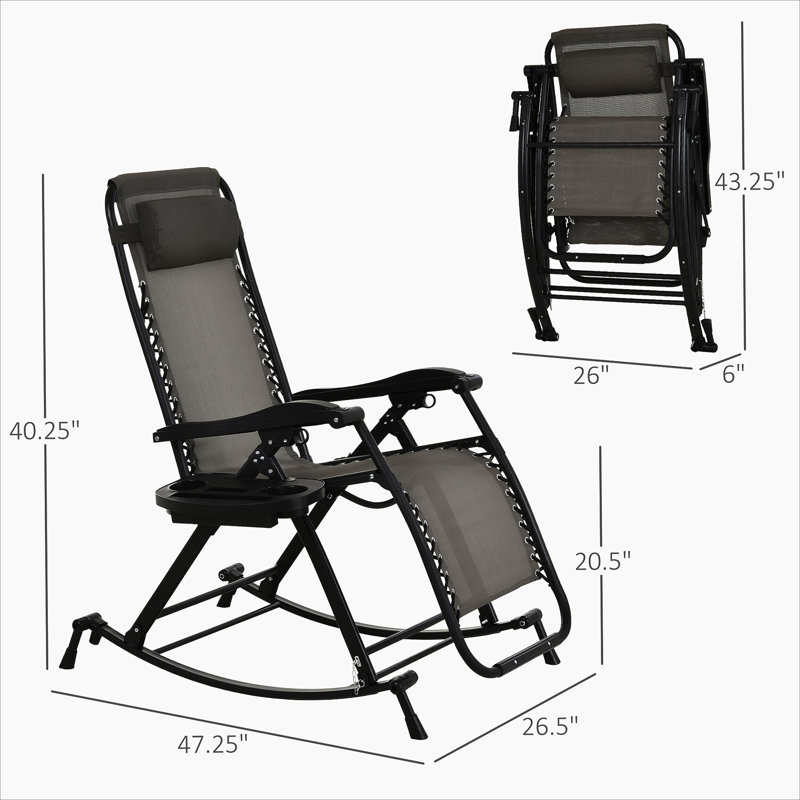 Outdoor Rocking Chairs, Foldable Reclining Anti Gravity Lounge Rocker W/ Pillow, Cup & Phone Holder, Gray
