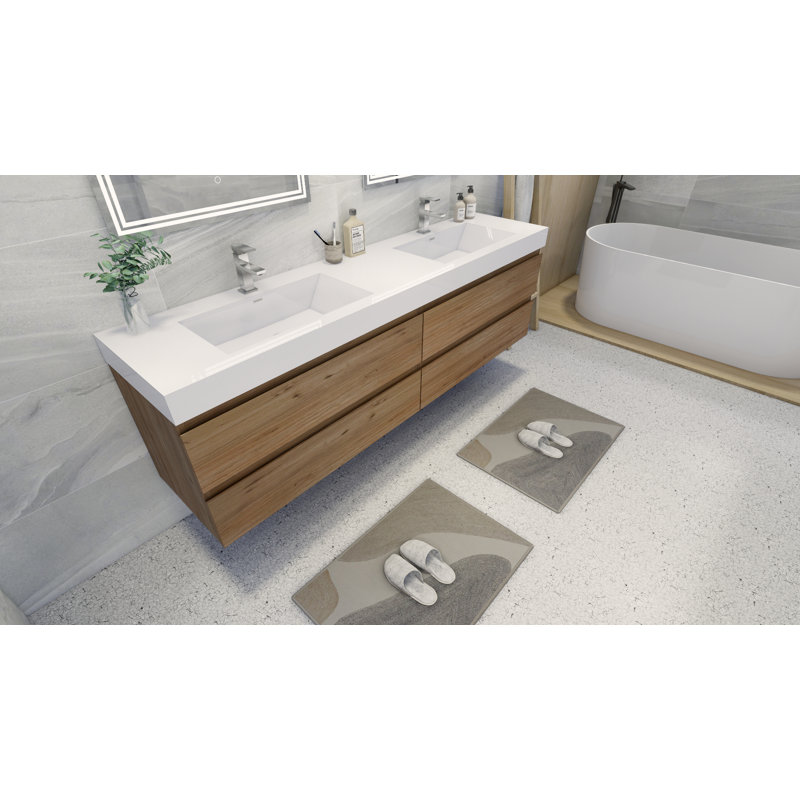 Carnley Wall Mounted 1 Single Double Vanity Bathroom Vanity With Top, Natural Oak