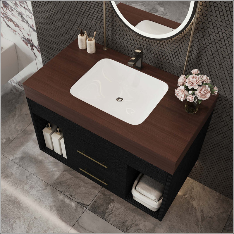 Meuble-lavabo mural 29,9 po avec plateau en pierre frittée, Noir, Walnut