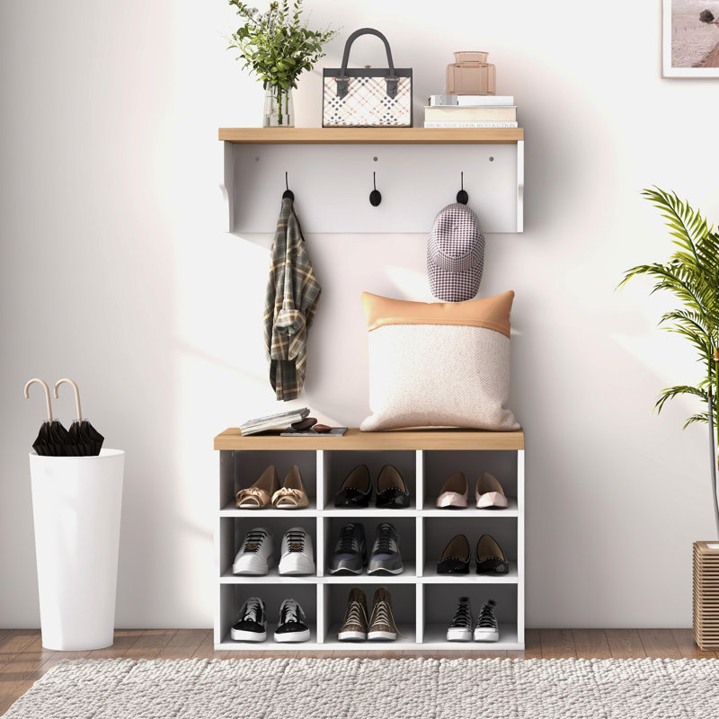 21 Hall Tree And Shoe Bench , 9 Pair Storage For Bedroom, Entryway, Hallway Organization, White, Space Shelving Unit, Decor, Particle Board Structure Coat Rack