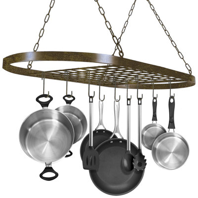 Sorbus Oval Hanging Ceiling Pot Rack with Hooks, Rustic