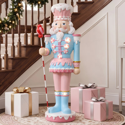 Soldat Casse-Noisette rose lumineux de 1,13 m avec sceptre en forme de canne à sucre, décoration de Noël en MgO
